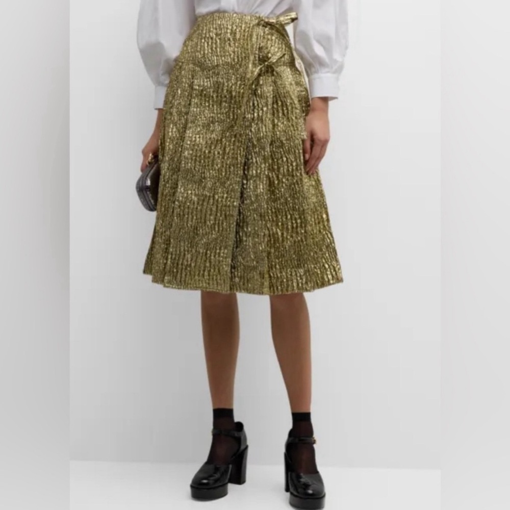 NWT Simone Roche Gold Metallic Pleated Kilt with Ties
